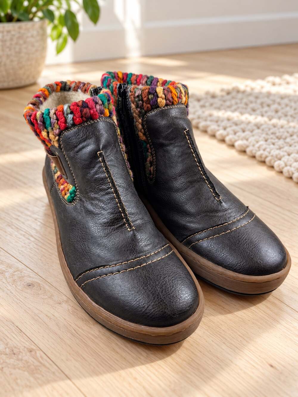 Rieker Felicitas Z6743 Ankle Boots Black Multicolor Knit Cuff Side Zip EU 40